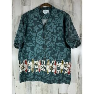 Kolekole Mens Vintage Hawaiian Shirt Size Large Green Floral‎ Surfboard READ